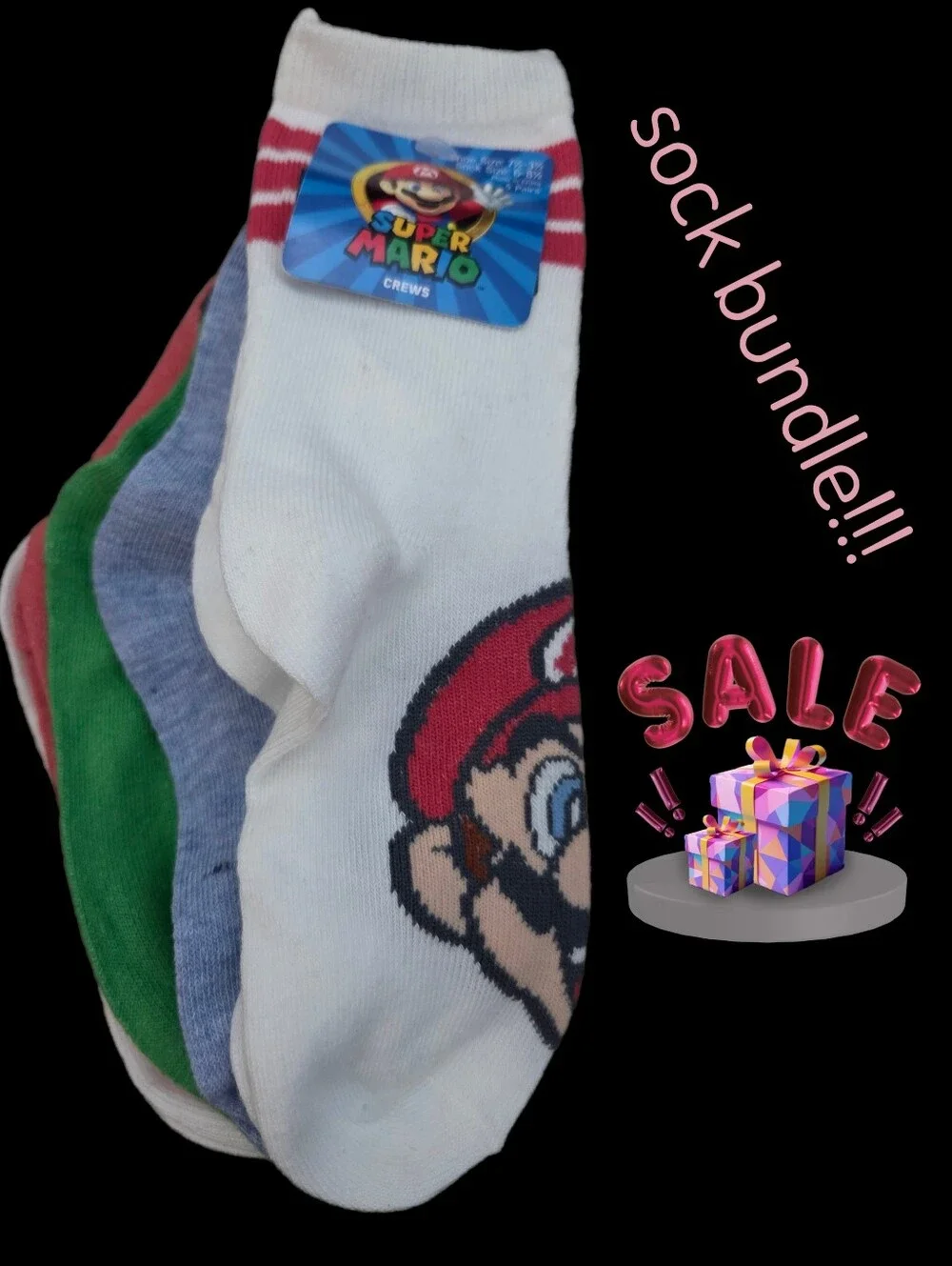 Nintendo Super Mario 5 pairs bundle crew socks shoe size 7.5-3.5 kids